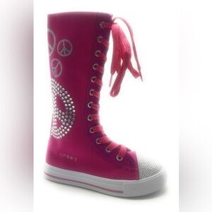 NWOT. Girls 1. Hot pink canvas, mid calf, lace up sneakers with sequin design.